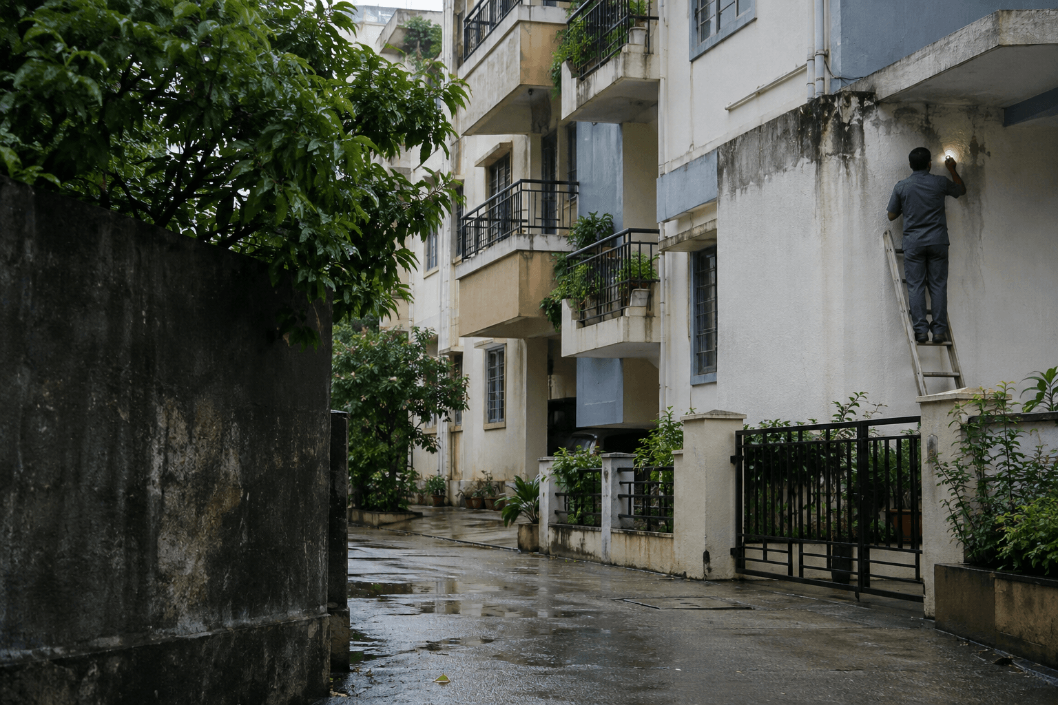 Apartment wall with rain streaks being checked from a ladder
