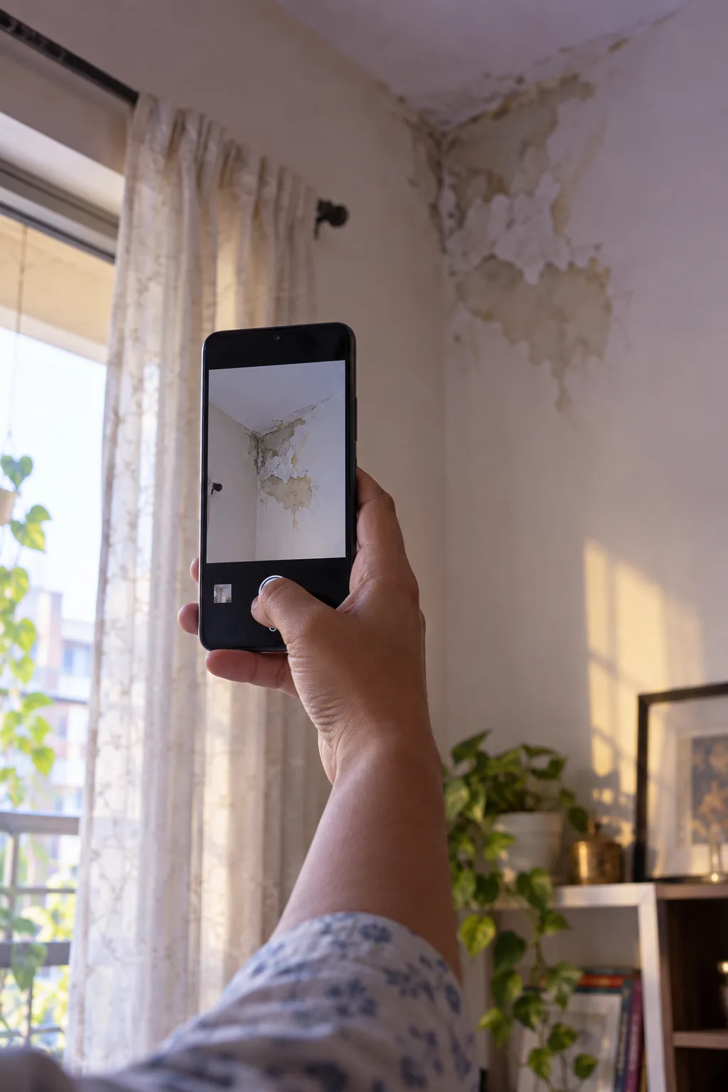 A hand photographing a damp, peeling ceiling corner on a phone