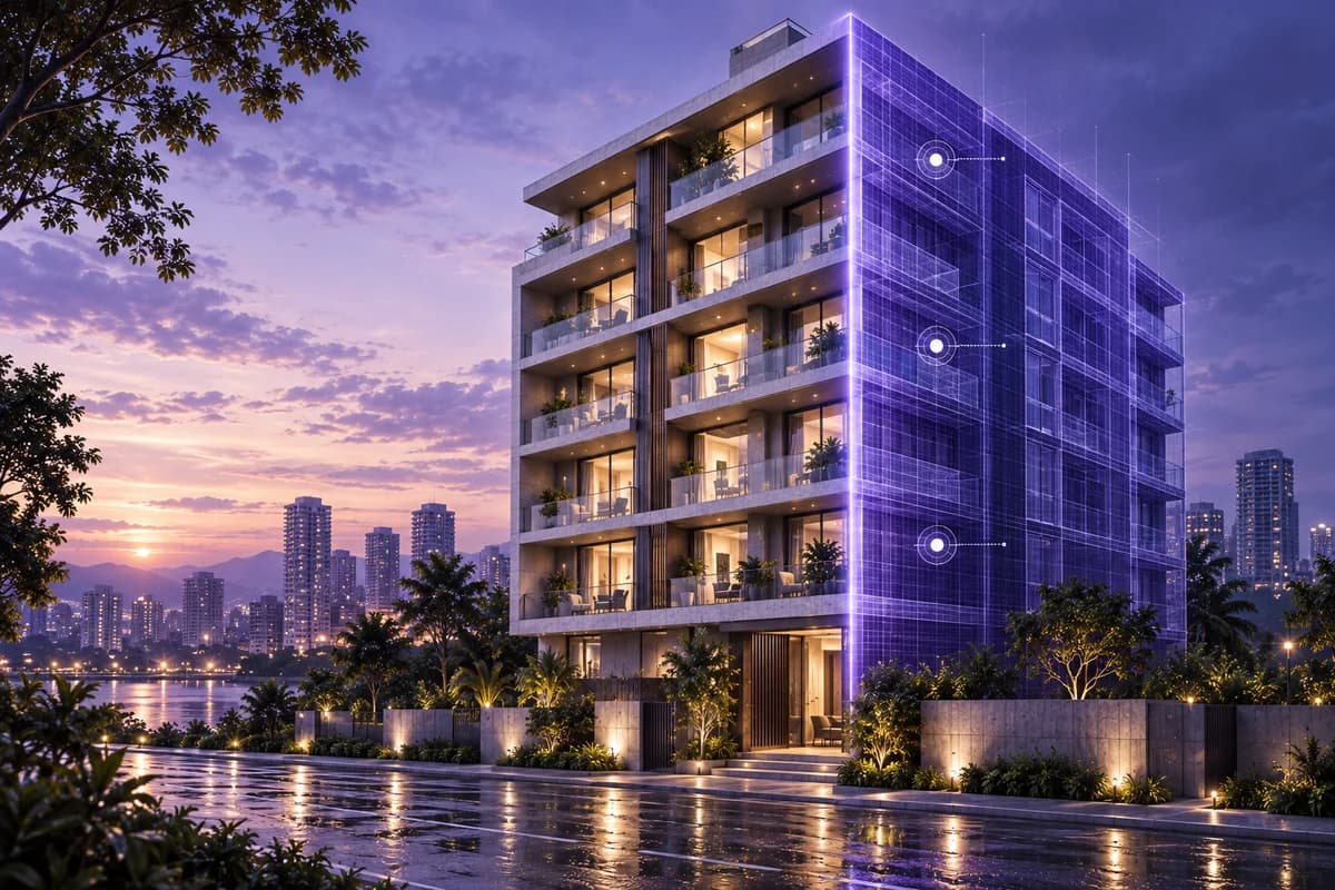 Illustrative residential building with a violet technical overlay and inspection markers